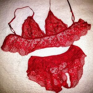Racy Red Lace Lingerie Set. Backless Bottoms